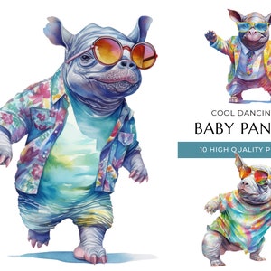 Coole tanzende RHino Clipart, 10 hochwertige PNG, niedliches Aquarell Nashorn, Digitaldrucke und kreative Projekte, digitaler Download