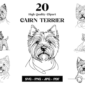 Cairn Terrier SVG e PNG Clipart Bundle: Digital Line Art, disegno vettoriale minimalista per sublimazione, amante dei cani, download digitale del cucciolo