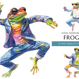 Cool Dancing Frogs Clipart, 15 PNG de haute qualité, Animaux aquarelles drôles, Impressions numériques et projets créatifs, Téléchargement numérique