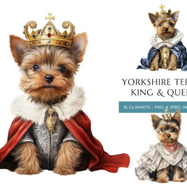 King & Queen Yorkshire Terrier Puppy Watercolor Clipart - 16 High Quality PNG and JPEG, Yorkie Royal Dogs - Instant Digital Download