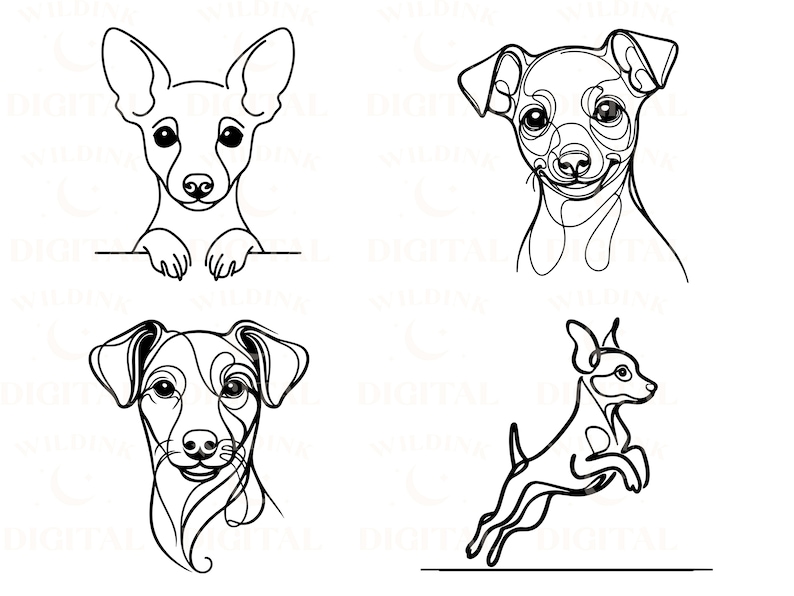 May include: Four black and white line drawings of a dog. The first drawing shows the dog's head and shoulders looking forward. The second drawing shows the dog's head and shoulders looking forward. The third drawing shows the dog's head and shoulders looking forward. The fourth drawing shows the dog running.