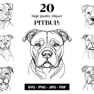 Pacchetto Pitbull SVG e PNG Clipart: Digital Line Art, disegno vettoriale minimalista per sublimazione, amante dei cani, download digitale del cucciolo