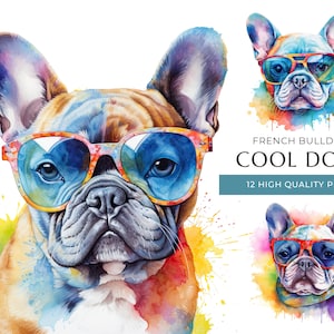 Coole Franse Bulldog Clipart, 12 hoogwaardige PNG's, grappige honden met zonnebril aquarelprint, digitaal knutselen, digitale download