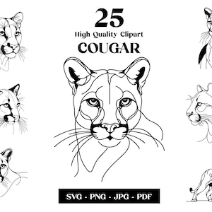 Cougar SVG Clipart, Mountain Lion Minimalist Line Art, Puma Logo Animal Vector, Sztuka nowoczesna, Projekt tatuażu i sublimacji, Haft