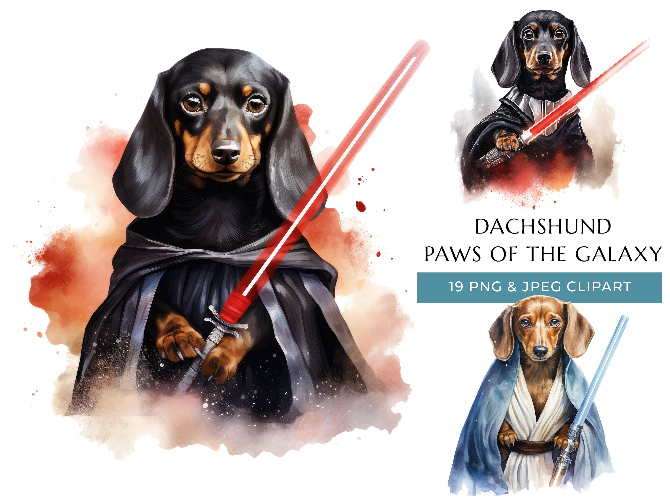 Watercolor Dachshund Clipart: Funny Galaxy Dogs (PNG & JPEG Digital Download)