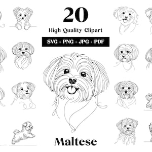 Paquete maltés SVG & PNG Clipart: Arte de línea digital, dibujo de perro vectorial minimalista para sublimación, amante de los perros, descarga digital