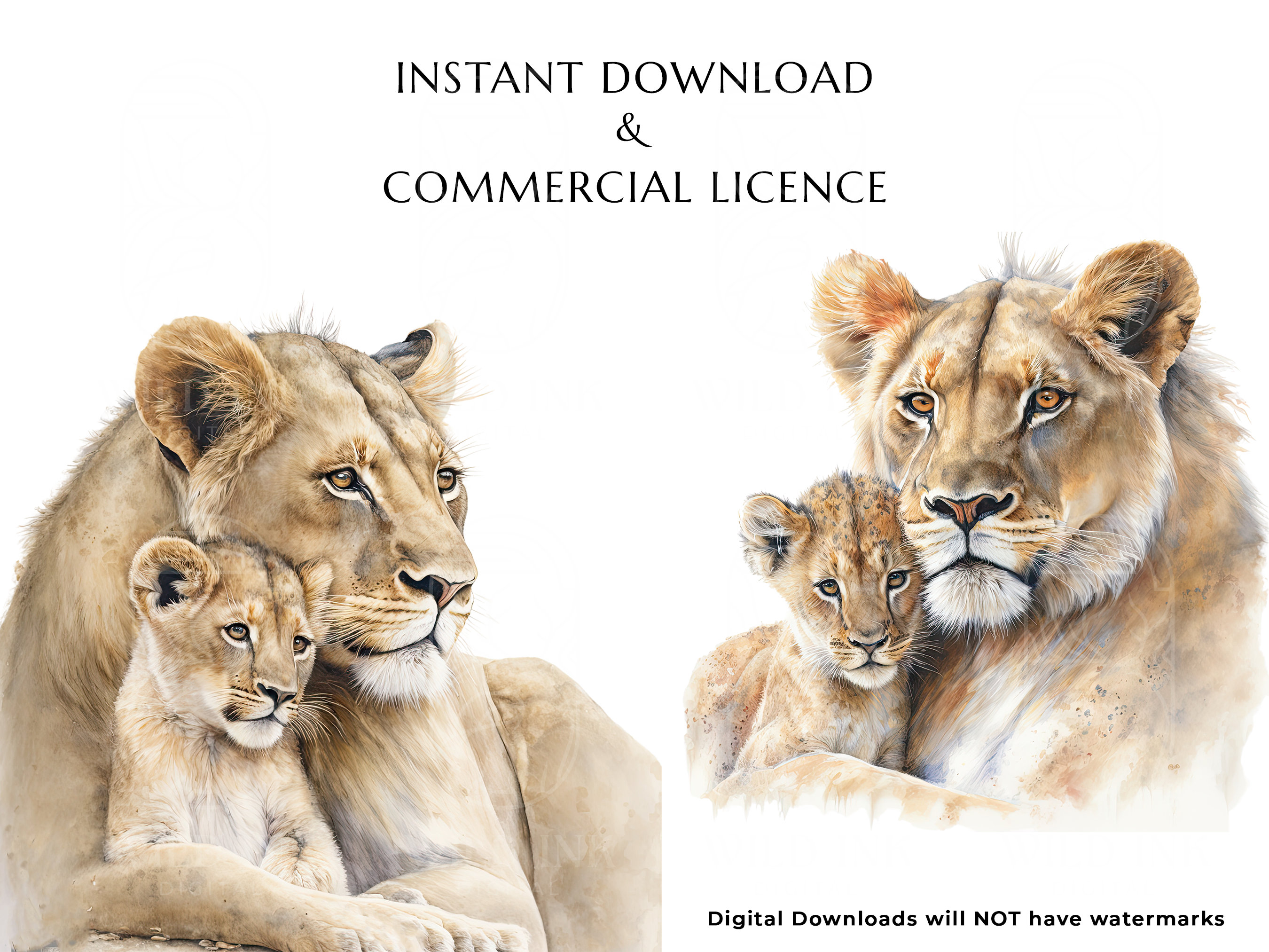 Mama Lion and Cub Watercolor Print, Safari Nursery Decor (digital