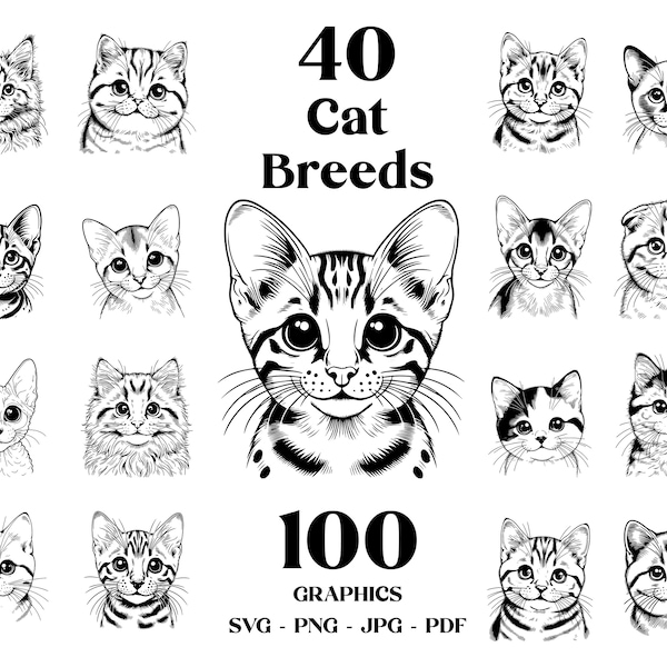 Cat Breeds SVG Bundle: 100 Cat Graphics for Cricut (Digital Download)