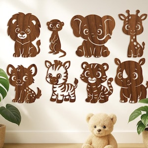 Bundle SVG animaux de safari, 33 cliparts animaux africains, découpés au laser, Glowforge, Cricut, déco murale chambre d'enfant jungle, fichiers de découpe CNC