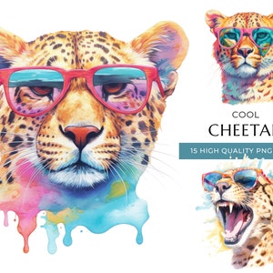 Clipart de guépard aquarelle avec des lunettes de soleil, 15 PNG de haute qualité et JPEG, Cool Safari Animal Print, artisanat numérique, téléchargement numérique instantané