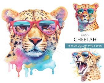 Clipart de guépard aquarelle avec des lunettes de soleil, 15 PNG de haute qualité et JPEG, Cool Safari Animal Print, artisanat numérique, téléchargement numérique instantané