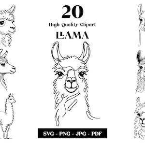 Clipart SVG Llama, Minimalistyczna grafika liniowa, Logo Animal Vector, Sztuka nowoczesna, Projekt tatuażu i sublimacji, Haft, Pobieranie cyfrowe