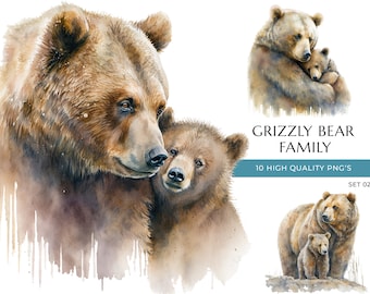 Watercolor Mom and Baby Bear Clipart: Grizzly Family PNGs (Digital Download)