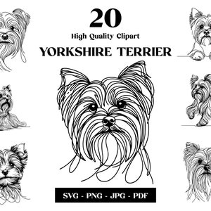 Pacchetto Clipart Yorkshire Terrier SVG e PNG: Yorkie Digital Line Art, disegno vettoriale minimalista per sublimazione, download digitale