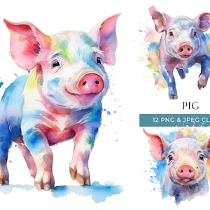 Watercolor Pig Clipart: Farm Animal PNG & JPEG (Digital Download)