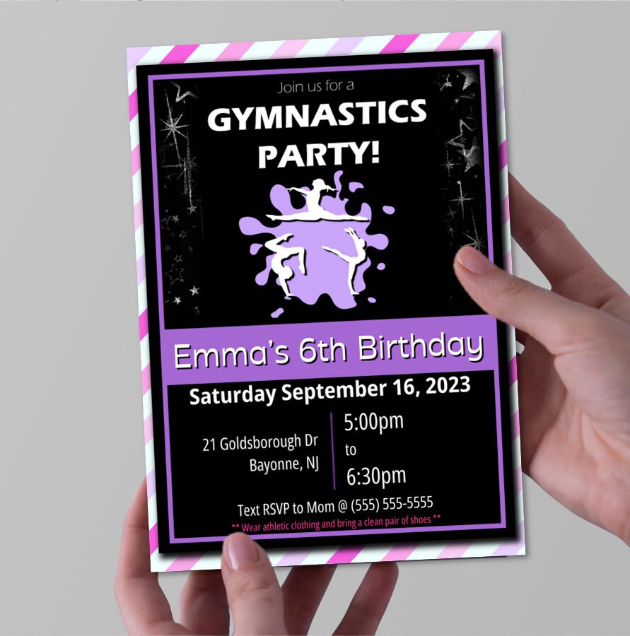 Gymnastics Printable Birthday Invitation, Girl Gymnast Birthday ...