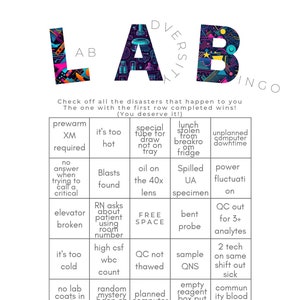 May include: A white bingo card with the words "LAB DIVERSITY BINGO" in colorful block letters. The bingo card has a grid of squares with various lab-related scenarios, such as "it's too hot" and "elevator broken."