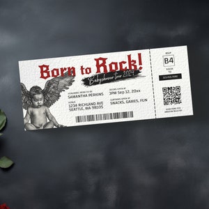 Rockconcert babyshower, Born to Rock-ticketpas, bewerkbare uitnodiging voor douche met muziekthema, rock-'n-roll-feest, Rock a Bye Baby ba122