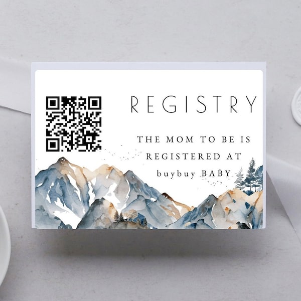 Registry Card with QR code | Mountain Baby Shower Gift Registry | White Editable Invitation Insert | Gift Wish List Baby ba09