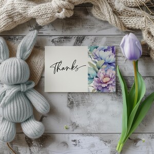 Dankeskartenvorlage, moderne Blumen-Babyparty-Dankesschön-Notiz, Lavendel und türkise große Aquarellblumen bearbeitbar Danke ba131
