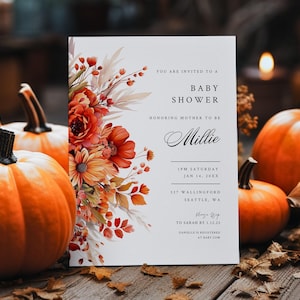 Fall Baby Shower Invite, Terra Cotta Florals Shower Invitation, Autumn Gender Neutral Shower, Editable Instant Download ba48