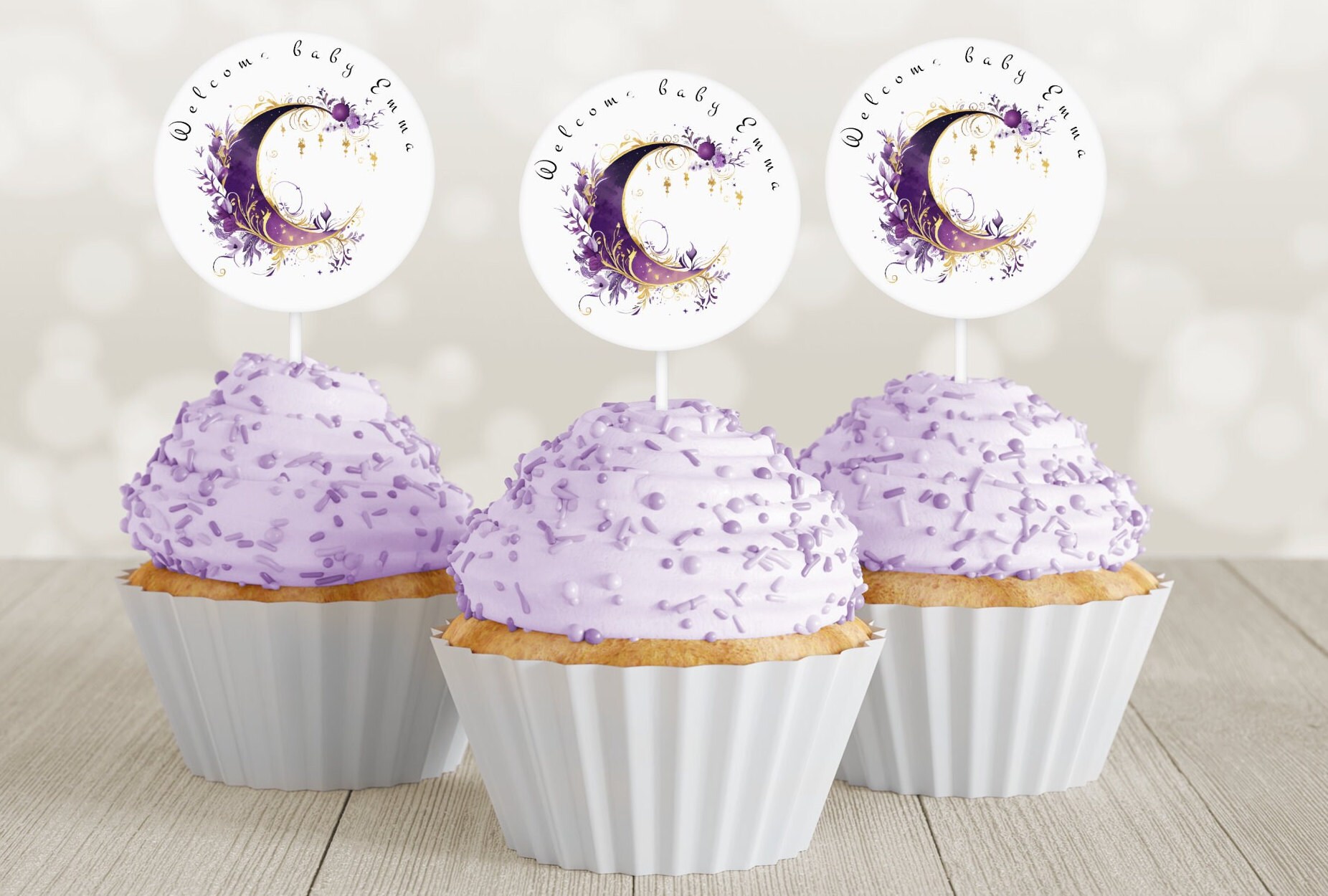Purple Moon Cupcake Topper Over the Moon Baby Shower Decorations Gold and Lavender Gender Neutral Decor Celestial Theme ba06