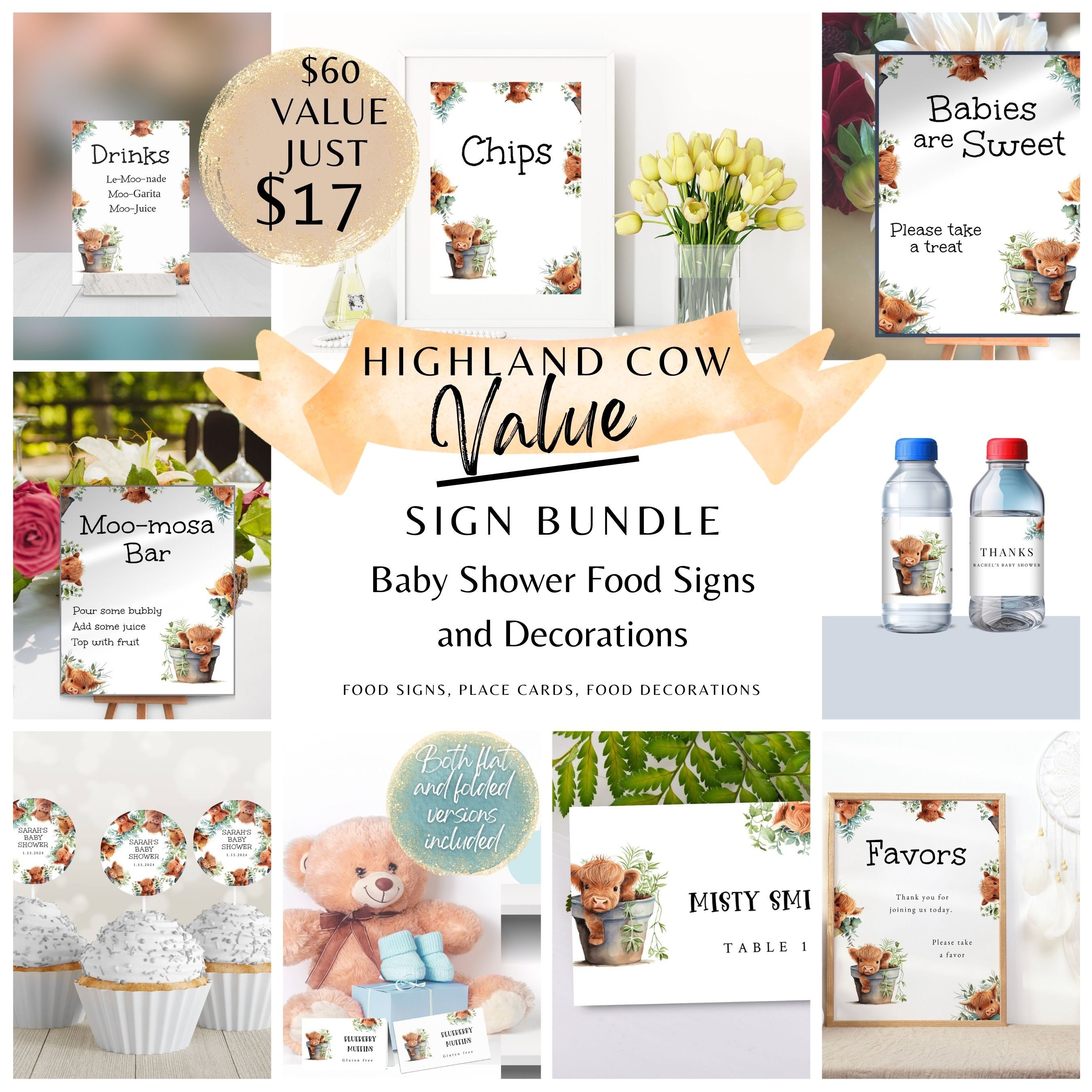 Highland Cow Baby Shower Signs Bundle Funny Cow Party Food Printable Nine editable Food templates Cupcake Topper Water Bottle