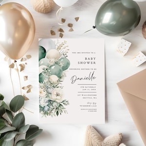 Sage baby shower invitation, Green balloons baby shower, Instant Digital Download, Bohemian Green Baby, Gender Neutral Party Template ba81