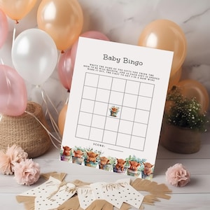Baby Shower Gift Bingo Blank | Blank Baby Bingo Game Cards | Highland Cow Baby Bingo | Large Baby Shower Party Games | Baby Gift Bingo ba30