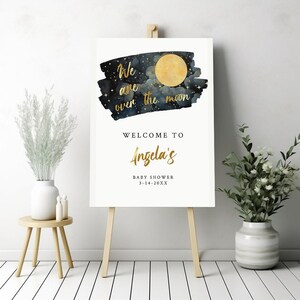 Over the Moon Baby Shower Welcome Sign, Moon and Stars Editable Template, Baby Boy Party Decor, Gender Neutral Instant Download  ba64