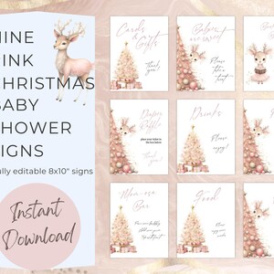Rosa Weihnachten Baby Shower Sign Bundle, Winter Reindeer Party Schilder für Mädchen, bearbeitbare Pink und Gold Signage, 1. Geburtstag Party Decor ba34