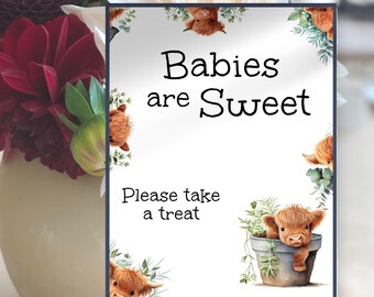 Skylt för babyshower med höglandsko, ta en godbit, redigerbar mall för höglandsko, festdekor med helig ko, direktnedladdning med kor i hinkar ba30