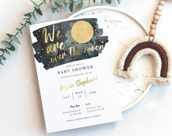 Over the Moon Baby Shower Invite, Navy and Gold Moon and Stars Shower Invitation, Gender Neutral Shower, Baby Boy Editable Template ba64