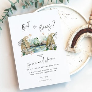 Fishing Gender Reveal Invite, Bait or Bows Pregnancy Reveal Invitation, Gnome Printable Reveal Party Template, ba86d