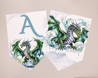 May include: Two printable pennant flags featuring a green dragon with blue wings and the letter A in blue. The dragon is flying through a watercolor background of blue and white.