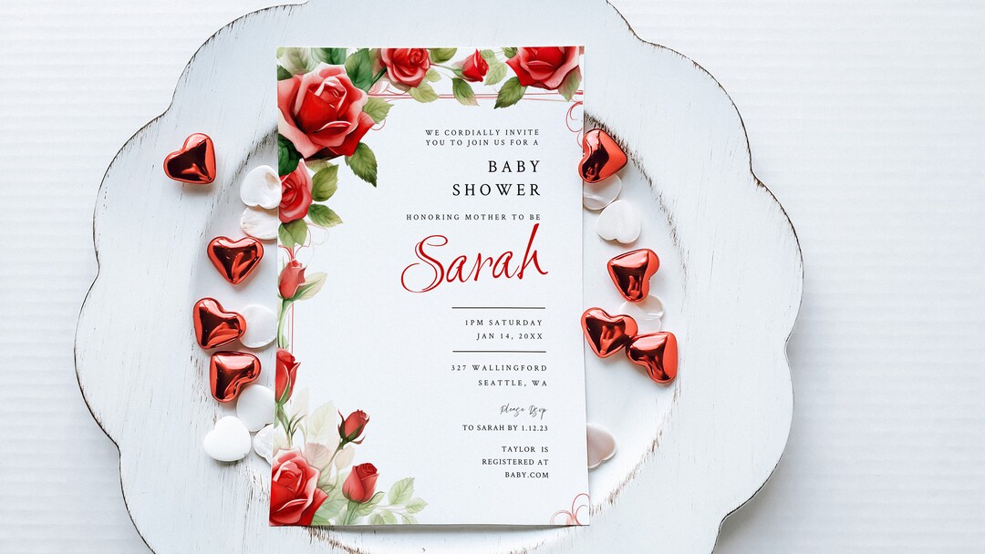 Red Rose Editable Invitation Template, Red and Pink Shower Theme ...