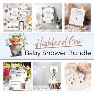 Highland Cow Baby Shower Bundle, Editable Boho Cow Baby Decor, Gender Neutral Invitation Suite, Party Games and Signs, instant Download