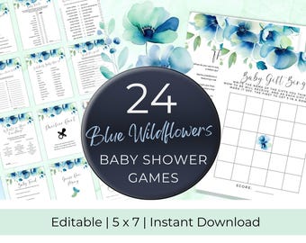 May include: A set of 24 printable baby shower games featuring a blue watercolor floral design. The games include "Baby Gift Bingo", "What is Your Baby Saying", "Celebrity Baby Shower", "Pacifier Hunt", "Baby Food", "Guess How Many", and more. The games are editable and come in a 5x7 inch format.