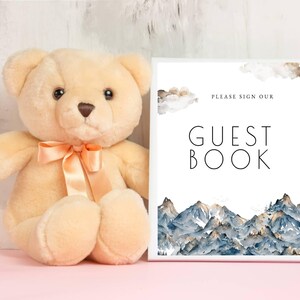 Mountain Baby Shower Guest Book Sign | Instant Download | Let The Adventure Begin | Watercolor Mountain Scene Editable Sign Template ba09
