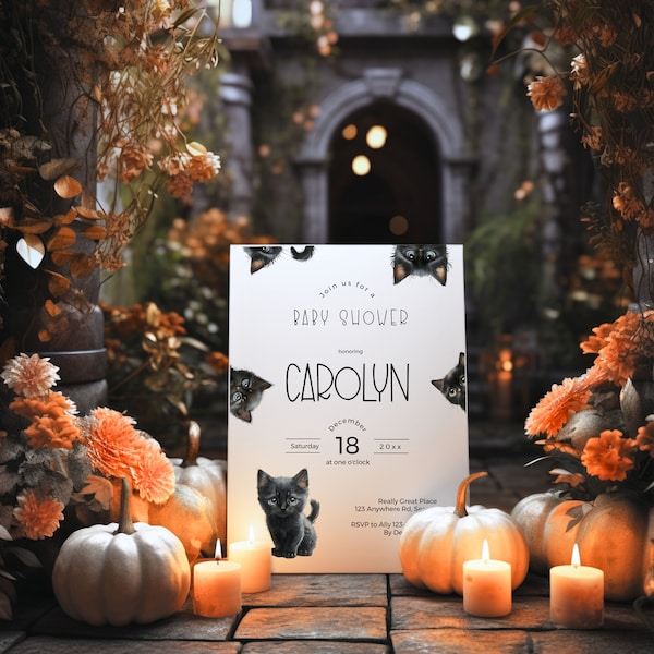 Cute Black Cat Baby Shower Invitation, Editable Halloween Invite, Funny Kittens Template, Printable Black Cat Gender Neutral Card ba52