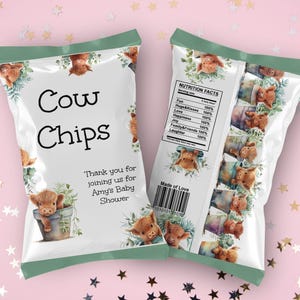 Highland Cow Chip Bag Wrapper, Editable Highlander Cow Green Crisps Label, Funny Cow Shower Chip Bag Template, Printable Party Favor ba30