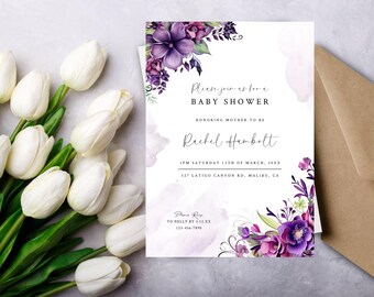 Lavender Baby Shower Invitation Template, Minimal Lilac Gender Neutral Invite, Wildflower Editable Instant Download, Purple Baby Shower ba27