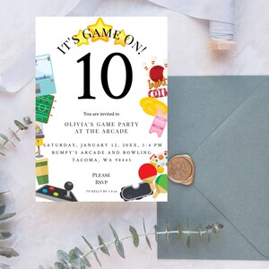 Arcade Birthday Invitations | Game On | Editable Bowling Birthday Invitation | Girl Arcade Invitation | Gamer Birthday Invite Template B001
