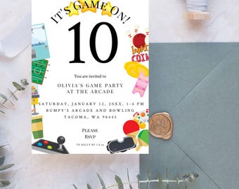 Invitations d'anniversaire d'arcade | Jeu activé | Invitation d'anniversaire de bowling modifiable | d'arcade fille | Modèle d'invitation d'anniversaire de joueur B001