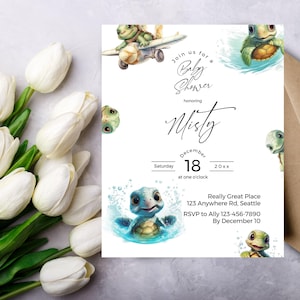 Turtle Themed Baby Shower Invitation, Editable Nautical Invite, Funny Under the Sea Template, Printable Baby Turtle Gender Neutral Card ba49