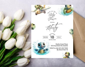 Zaproszenie na baby shower z motywem żółwia, edytowalne zaproszenie marynistyczne, zabawny szablon pod morzem, do druku karta dla dzieci żółwia neutralna pod względem płci ba49