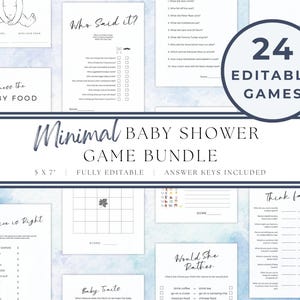 Minimalist baby shower game bundle, 23 baby shower games included, printable shower games with answer key, Bingo, Draw Baby, Think Fast ba01