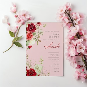 Rote Rose bearbeitbare Einladungsvorlage, rotes und rosa Duschthema, modernes Blumeneinladen, oh Babyparty einladen, rosa Blumeneinladung ba57