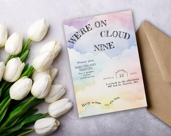 On Cloud Nine Gender Reveal Invitation Template, Editable Digital Invite for Baby Shower, Editable He or She Instant Download ba166