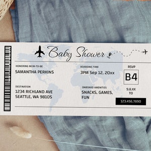 Plantilla de tarjeta de embarque azul para baby shower, invitación con boleto para baby shower con temática de viajes, invitación de avión, ba118